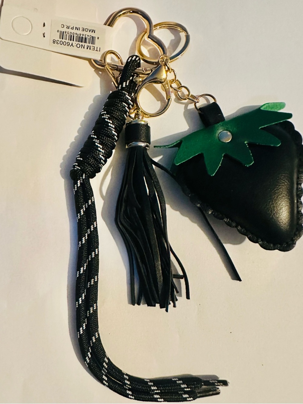 Black Faux Leather Studded Strawberry Bagcharm Keychain Tassel Accessory - Picture 3 of 3